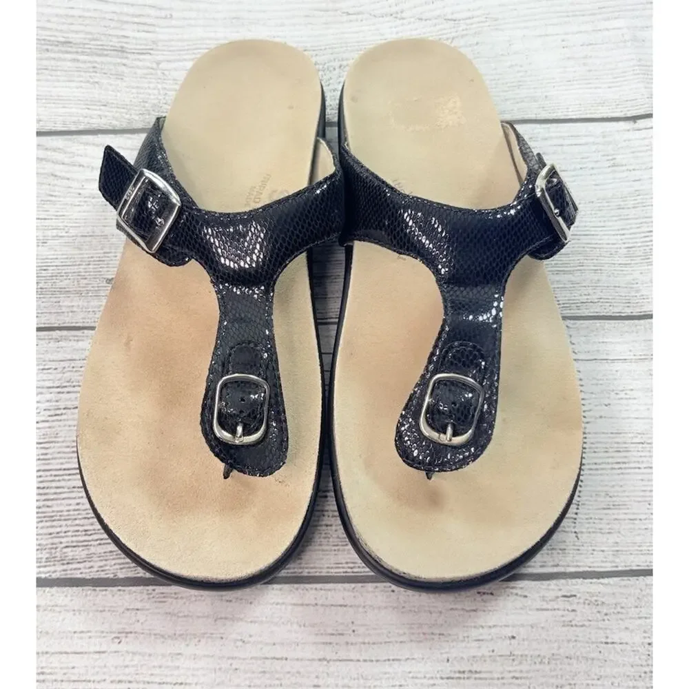 SAS Sanibel Slide Sandal Thong T Strap Buckle Adjustable Black Snake Size 8M